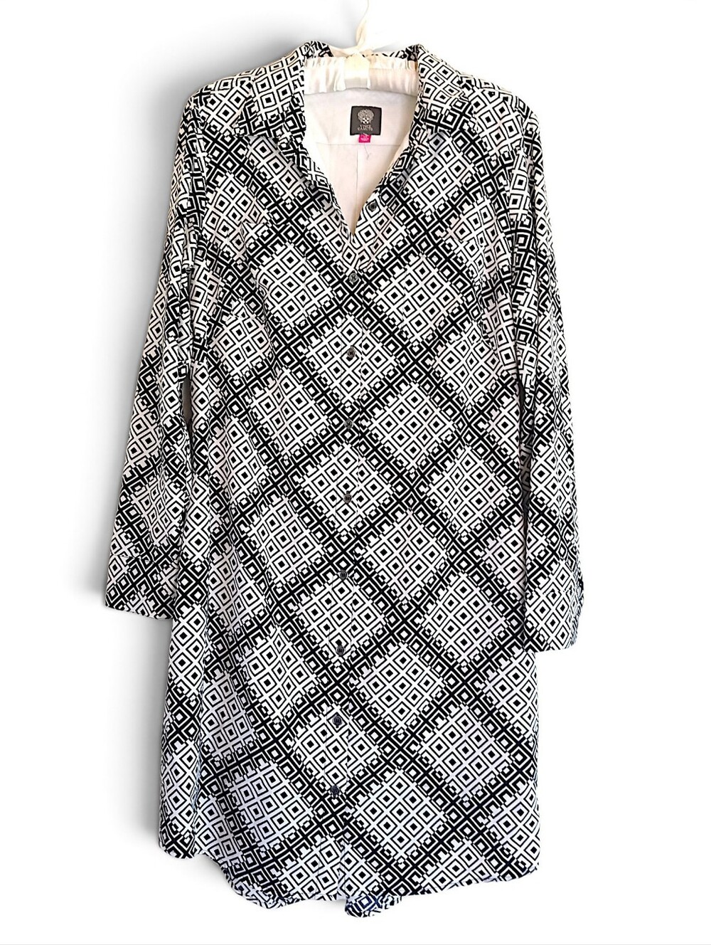 Vince Camuto Black White Geometric Long Sleeve Shirt Dress Button Down Business